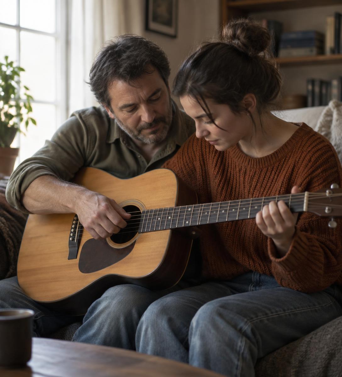 Two people sharing one acoustic guitar as a skill is passed on